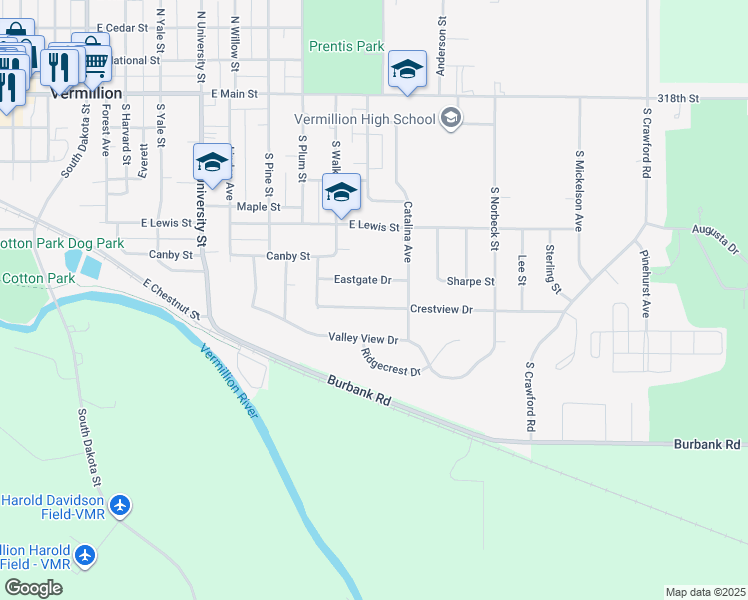 map of restaurants, bars, coffee shops, grocery stores, and more near 960-968 Crestview Drive in Vermillion