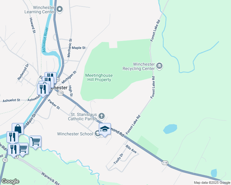 map of restaurants, bars, coffee shops, grocery stores, and more near 109 Hinsdale Road in Winchester