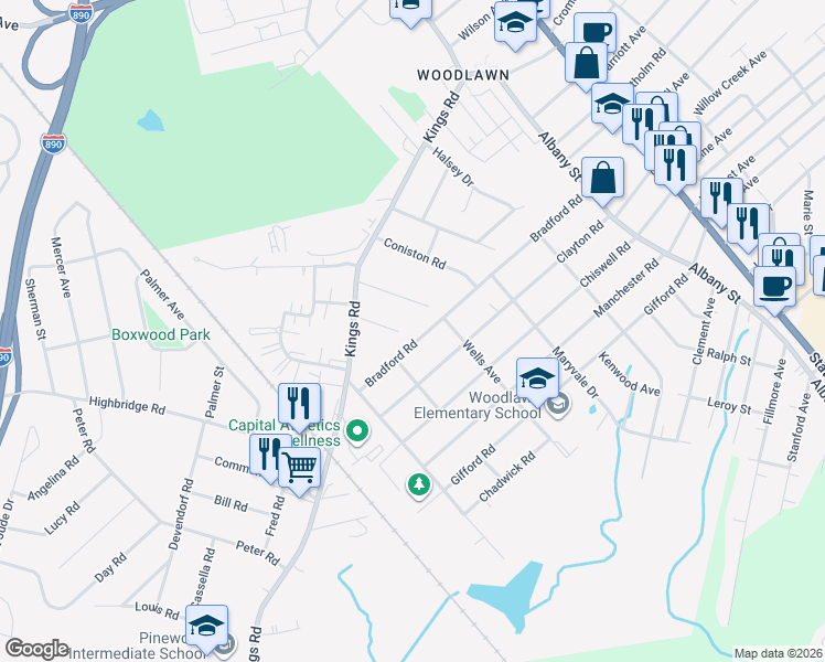 map of restaurants, bars, coffee shops, grocery stores, and more near 484 Bradford Road in Schenectady