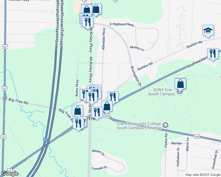 map of restaurants, bars, coffee shops, grocery stores, and more near 4144 Sheldon Road in Buffalo