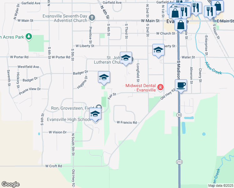 map of restaurants, bars, coffee shops, grocery stores, and more near Fair Street in Evansville