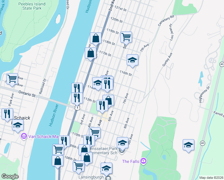 map of restaurants, bars, coffee shops, grocery stores, and more near 532 5th Avenue in Troy