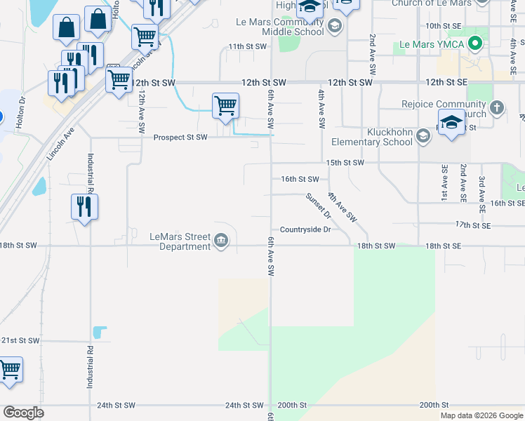 map of restaurants, bars, coffee shops, grocery stores, and more near 1567-1699 6th Avenue Southwest in Le Mars
