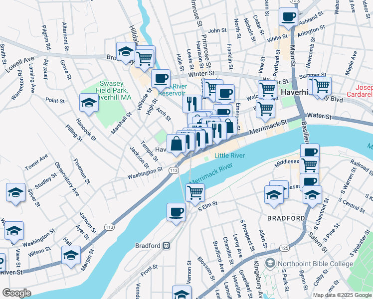 map of restaurants, bars, coffee shops, grocery stores, and more near 1 Washington Avenue in Haverhill