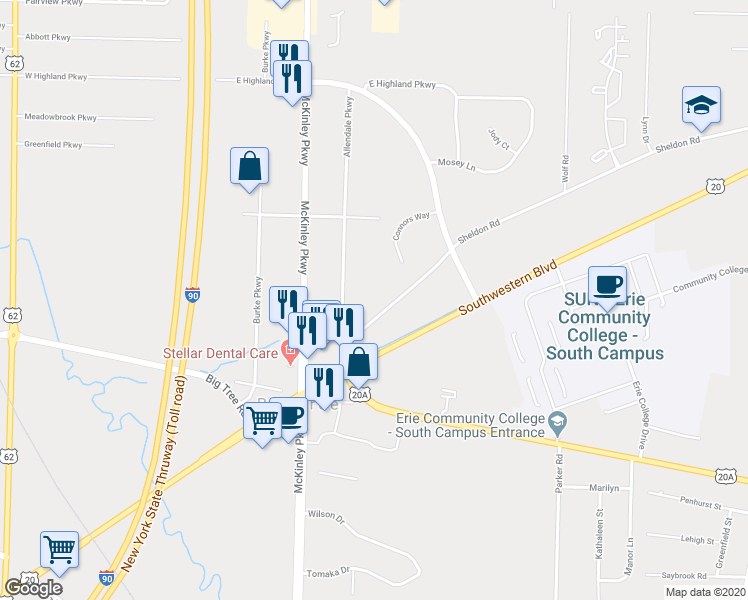 map of restaurants, bars, coffee shops, grocery stores, and more near 4134 Sheldon Road in Buffalo