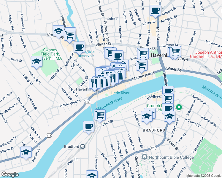 map of restaurants, bars, coffee shops, grocery stores, and more near 42 Phoenix Row in Haverhill