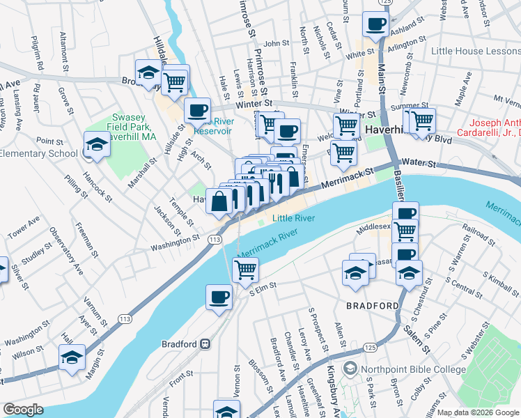 map of restaurants, bars, coffee shops, grocery stores, and more near 102 Washington Street in Haverhill