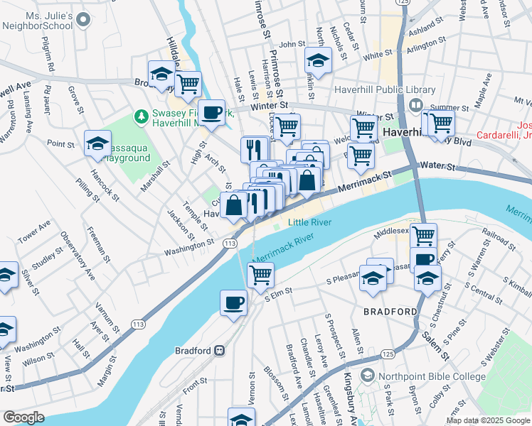 map of restaurants, bars, coffee shops, grocery stores, and more near 102 Washington Street in Haverhill