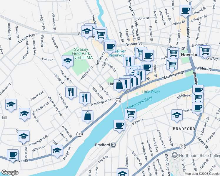 map of restaurants, bars, coffee shops, grocery stores, and more near 28 Temple Street in Haverhill