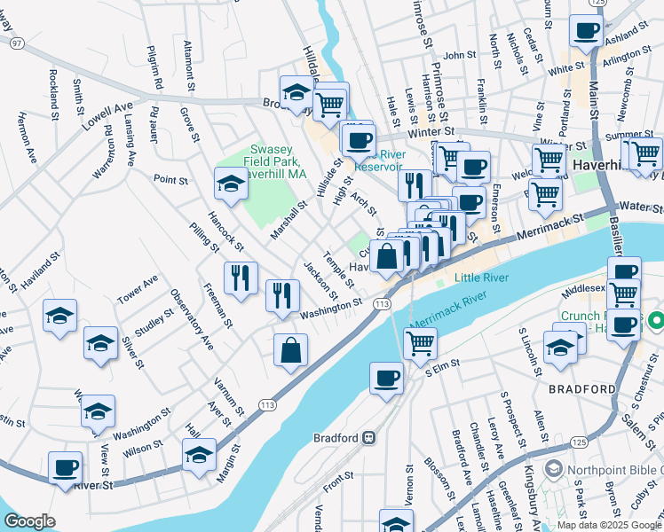 map of restaurants, bars, coffee shops, grocery stores, and more near 28 Temple Street in Haverhill