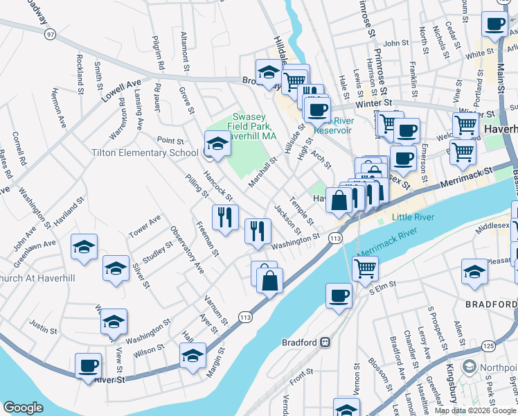 map of restaurants, bars, coffee shops, grocery stores, and more near 2 Hancock Street in Haverhill