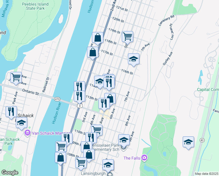 map of restaurants, bars, coffee shops, grocery stores, and more near 532 5th Avenue in Troy