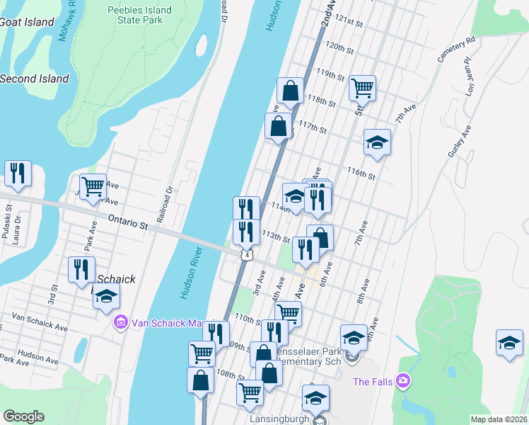 map of restaurants, bars, coffee shops, grocery stores, and more near 505 2nd Avenue in Troy