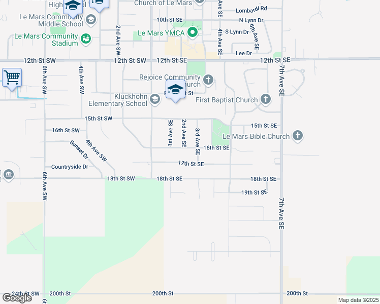 map of restaurants, bars, coffee shops, grocery stores, and more near 223 17th Street Southeast in Le Mars