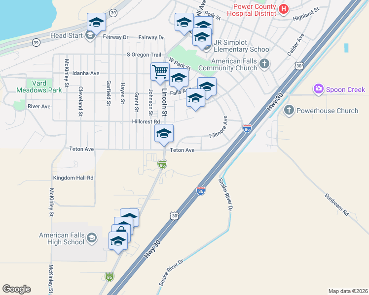 map of restaurants, bars, coffee shops, grocery stores, and more near 850 Teton Avenue in American Falls