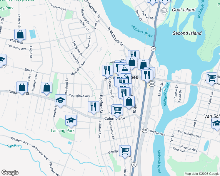 map of restaurants, bars, coffee shops, grocery stores, and more near 1 Congress Street in Cohoes