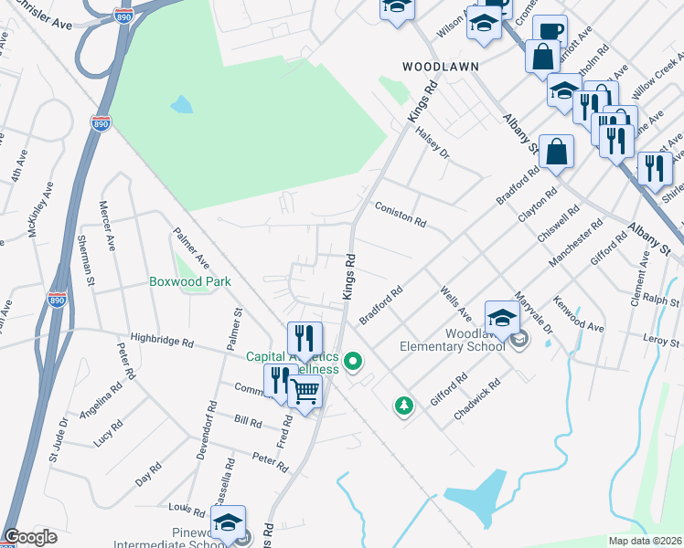 map of restaurants, bars, coffee shops, grocery stores, and more near 524 Kings Road in Schenectady