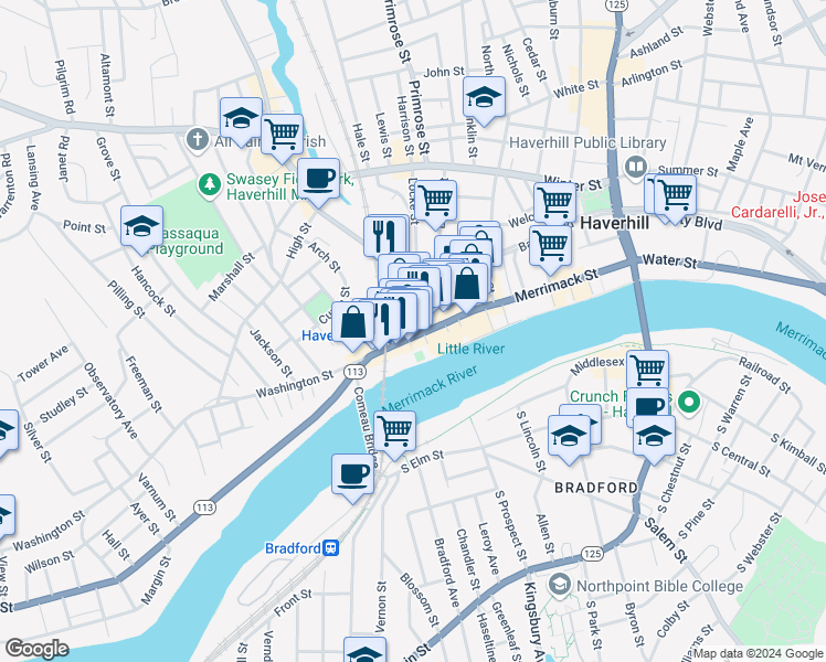 map of restaurants, bars, coffee shops, grocery stores, and more near 102 Washington Street in Haverhill
