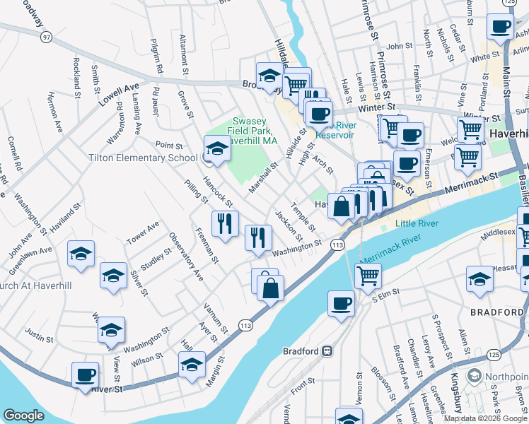 map of restaurants, bars, coffee shops, grocery stores, and more near 2 Hancock Street in Haverhill