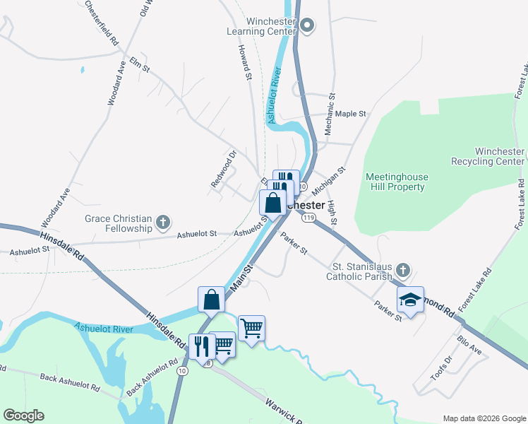 map of restaurants, bars, coffee shops, grocery stores, and more near 21 Ashuelot Street in Winchester