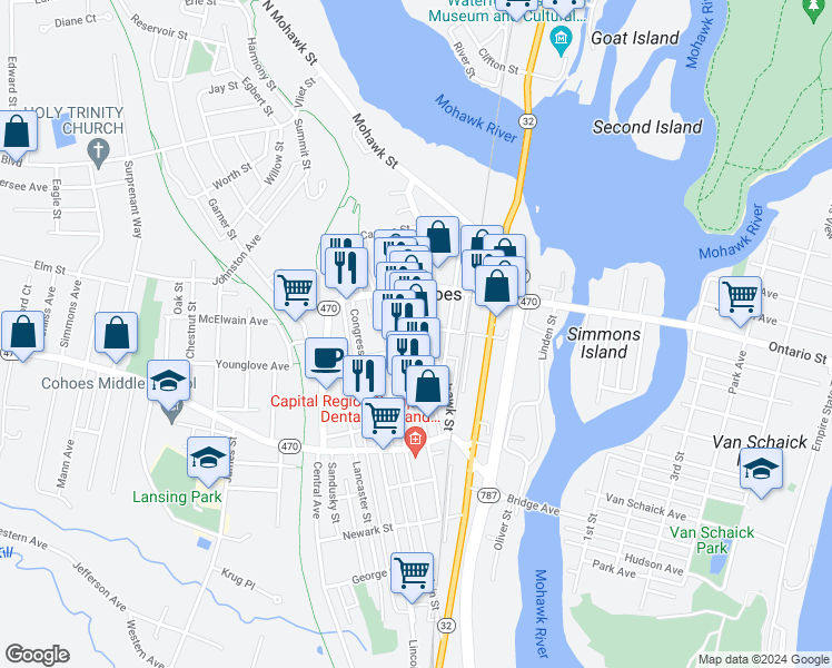 map of restaurants, bars, coffee shops, grocery stores, and more near 180 Remsen Street in Cohoes