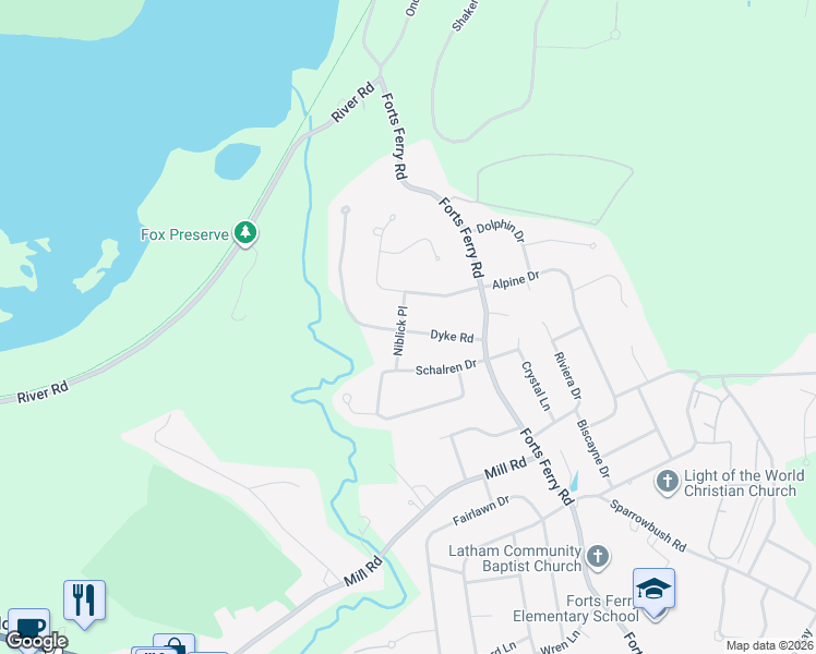 map of restaurants, bars, coffee shops, grocery stores, and more near 11 Niblick Place in Latham