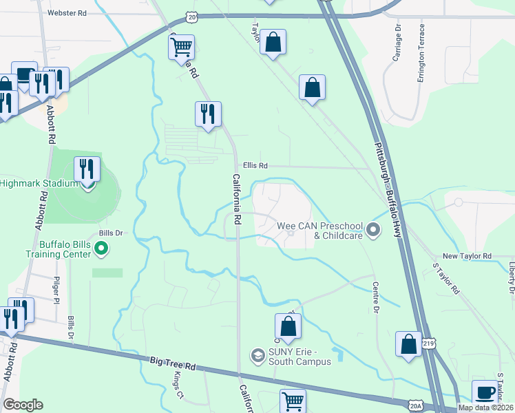 map of restaurants, bars, coffee shops, grocery stores, and more near 16 Stepping Stone Lane in Orchard Park