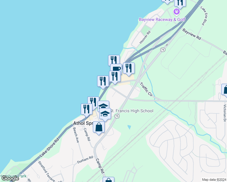 map of restaurants, bars, coffee shops, grocery stores, and more near 3367 Big Tree Road in Hamburg