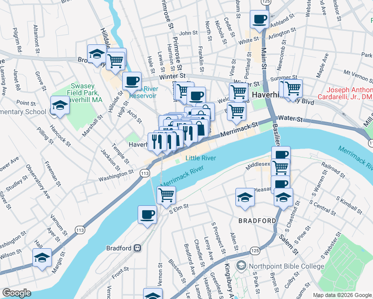 map of restaurants, bars, coffee shops, grocery stores, and more near 52 Washington Street in Haverhill