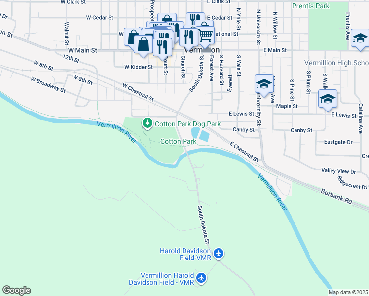 map of restaurants, bars, coffee shops, grocery stores, and more near South Dakota Street in Vermillion