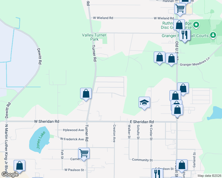map of restaurants, bars, coffee shops, grocery stores, and more near 124 Desander Drive in Lansing