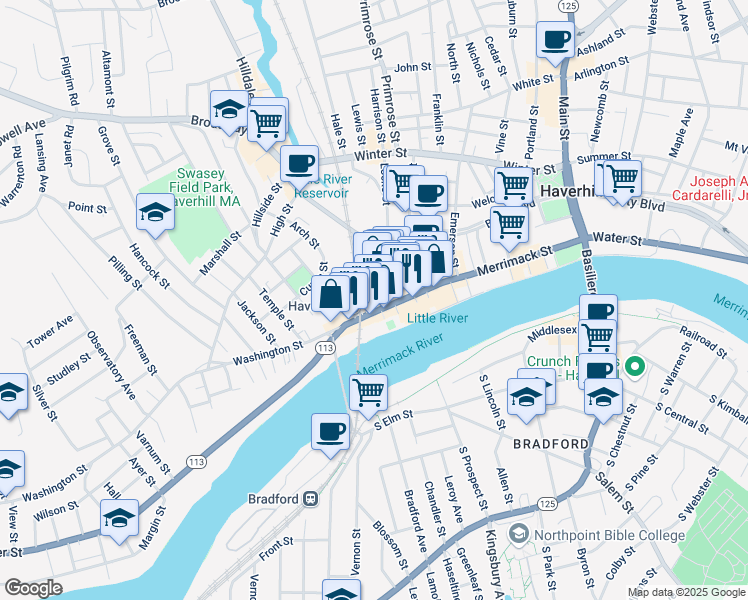 map of restaurants, bars, coffee shops, grocery stores, and more near 80 Wingate Street in Haverhill