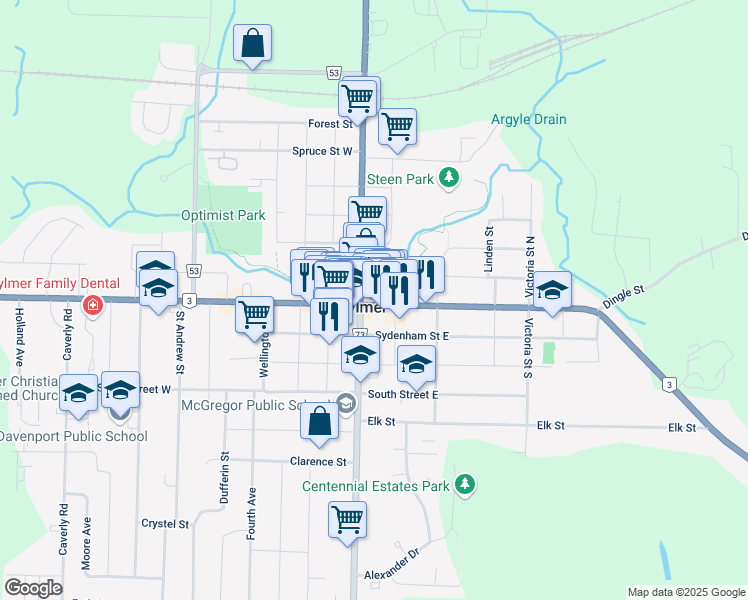 map of restaurants, bars, coffee shops, grocery stores, and more near 17 Talbot Street East in Aylmer