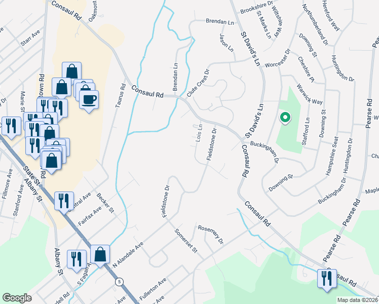 map of restaurants, bars, coffee shops, grocery stores, and more near 610 Lois Lane in Schenectady