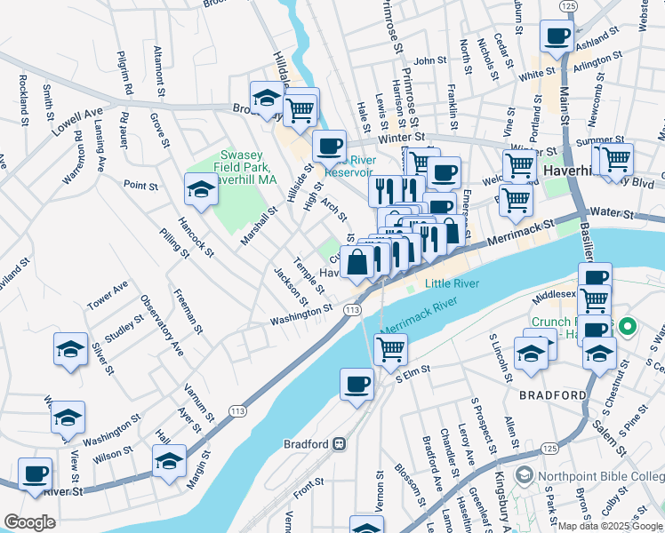 map of restaurants, bars, coffee shops, grocery stores, and more near 23 Central Street in Haverhill