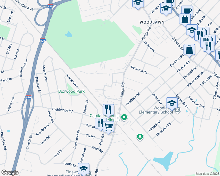 map of restaurants, bars, coffee shops, grocery stores, and more near 4311 Angela Court in Schenectady