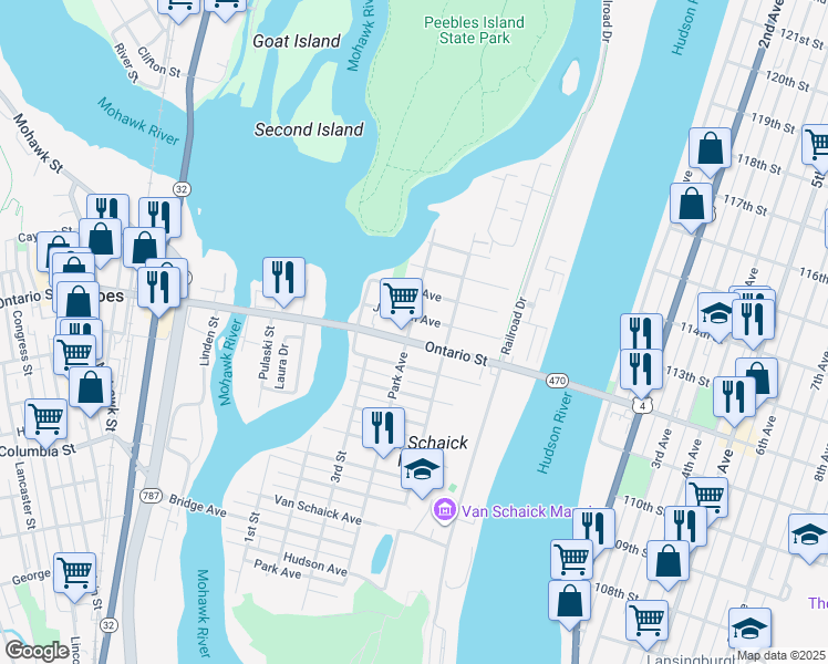 map of restaurants, bars, coffee shops, grocery stores, and more near 91 Park Avenue in Cohoes