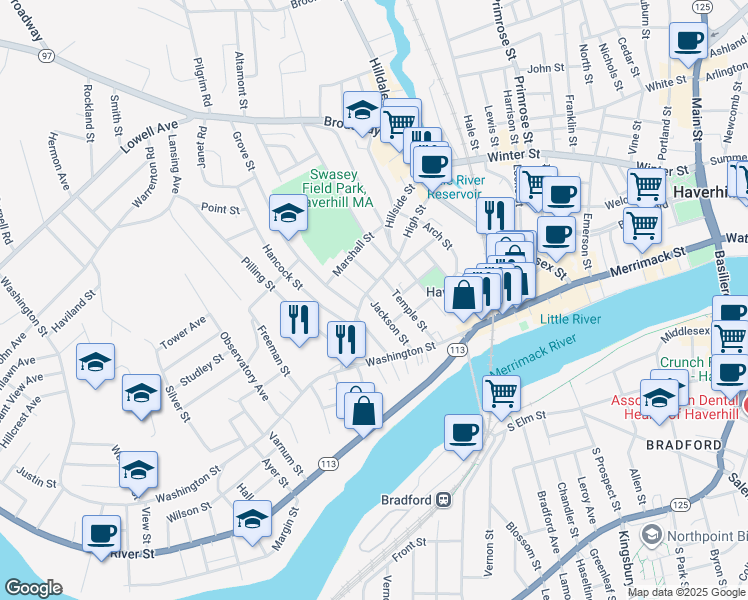 map of restaurants, bars, coffee shops, grocery stores, and more near 30 Jackson Street in Haverhill