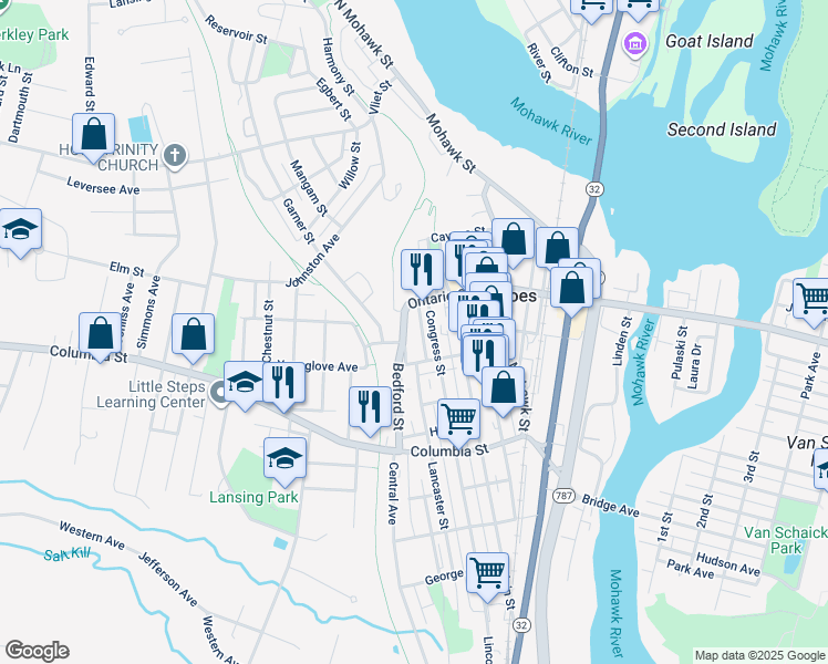 map of restaurants, bars, coffee shops, grocery stores, and more near 71 White Street in Cohoes
