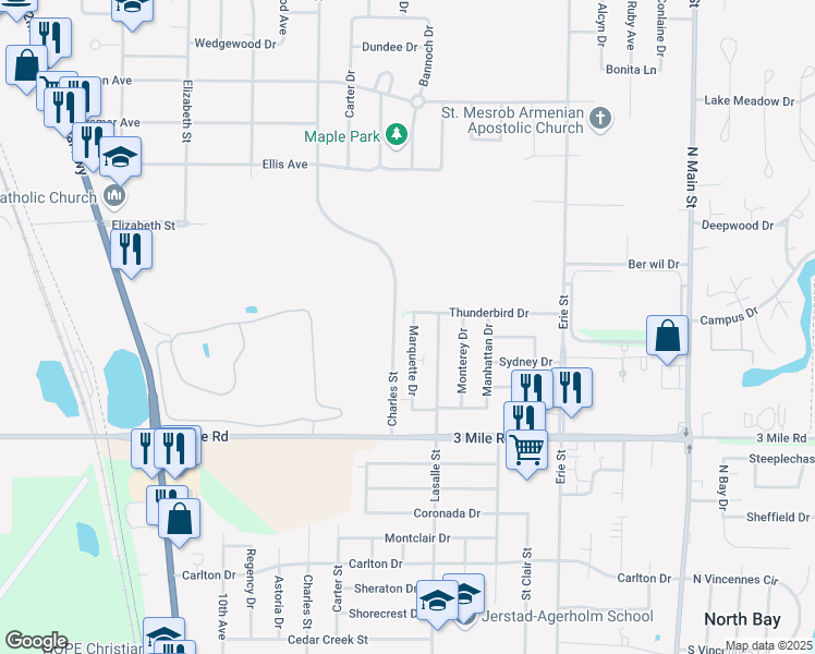 map of restaurants, bars, coffee shops, grocery stores, and more near 4130 Marquette Drive in Racine