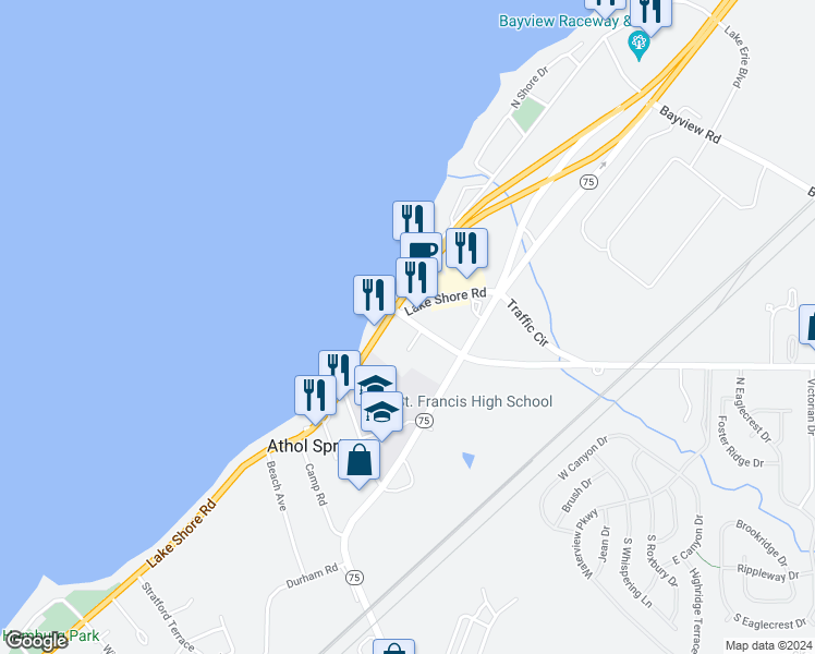 map of restaurants, bars, coffee shops, grocery stores, and more near 3363 Big Tree Road in Hamburg