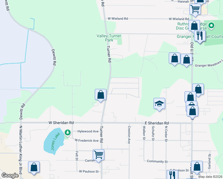 map of restaurants, bars, coffee shops, grocery stores, and more near 16779 Turner Road in Lansing