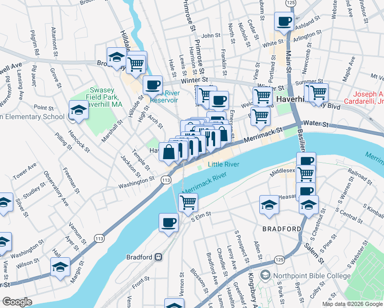 map of restaurants, bars, coffee shops, grocery stores, and more near 80 Wingate Street in Haverhill