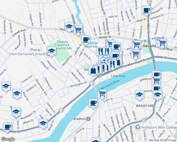 map of restaurants, bars, coffee shops, grocery stores, and more near 4AA Central Street in Haverhill