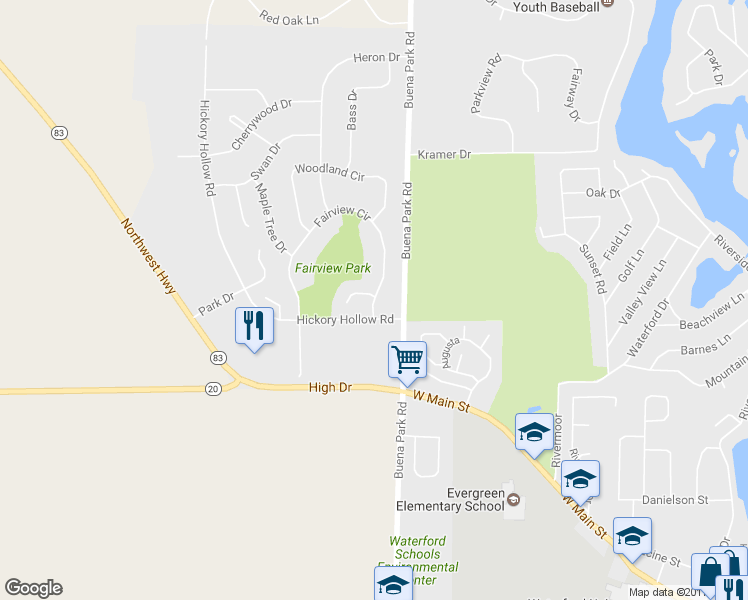 map of restaurants, bars, coffee shops, grocery stores, and more near 584 Fairview Circle in Waterford