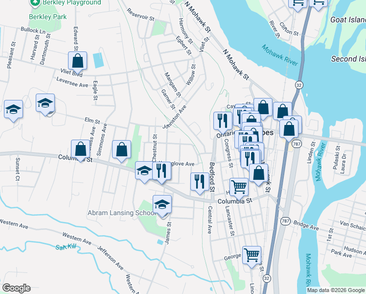 map of restaurants, bars, coffee shops, grocery stores, and more near 14 McElwain Avenue in Cohoes