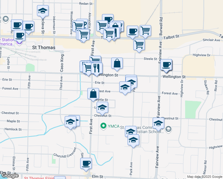 map of restaurants, bars, coffee shops, grocery stores, and more near 248 Forest Avenue in Saint Thomas