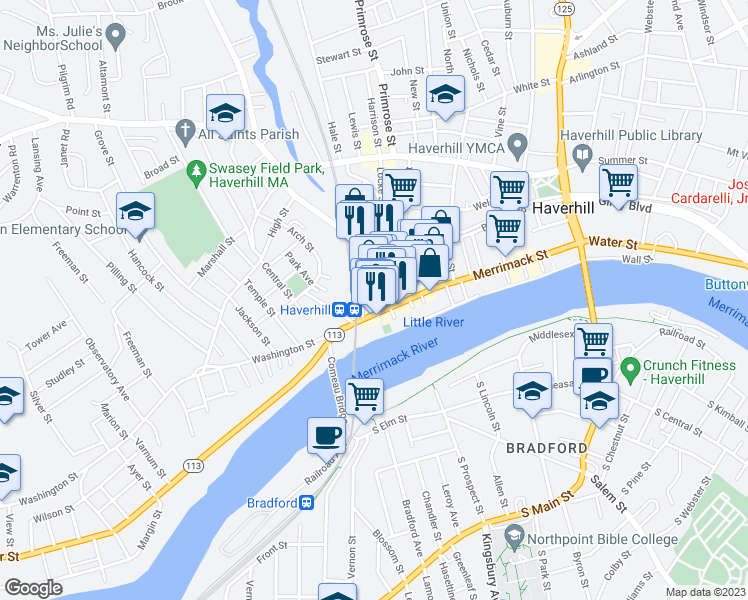 map of restaurants, bars, coffee shops, grocery stores, and more near 45 Wingate Street in Haverhill