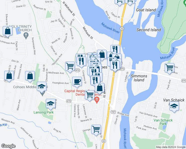 map of restaurants, bars, coffee shops, grocery stores, and more near 109 Remsen Street in Cohoes