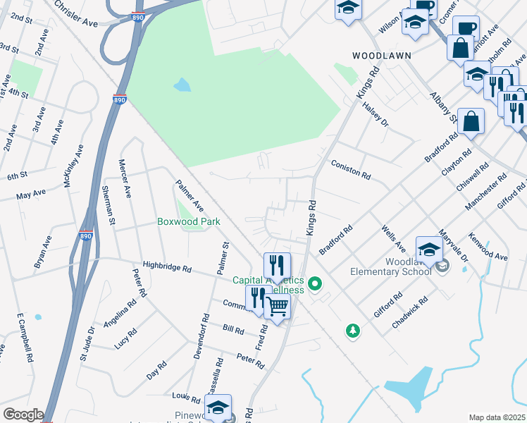 map of restaurants, bars, coffee shops, grocery stores, and more near 4336 Angela Court in Schenectady